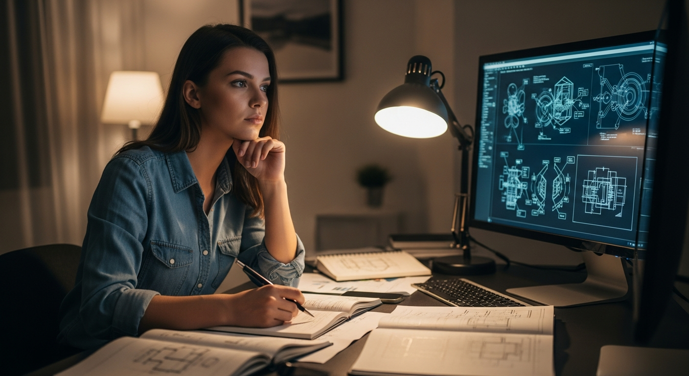 Engineer studying technical documentation